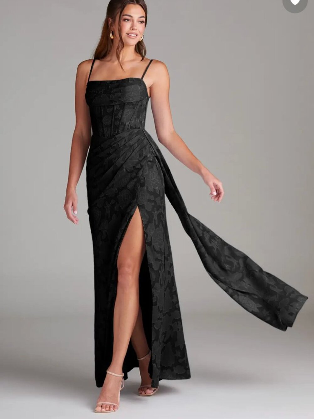 Azazie Denisa  Black Sheath Pleated Floral Burnout Dress Size 6